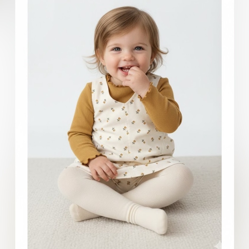 Carter's Cream Floral Dress and Gold Long Sleeve Top Set 3 Piece - Picture 2 of 16